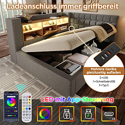 Avis Blossom Paris Lit capitonné 140x200 cm double avec LED, rangement hydraulique, tête de lit en L avec rangement, lin gris