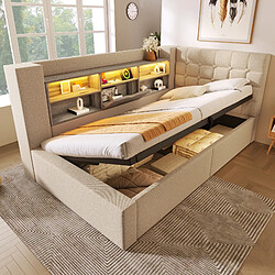 Blossom Paris Lit capitonné 90x190 cm simple avec LED, rangement hydraulique, tête de lit en L avec rangement, lin beige