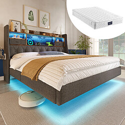 Blossom Paris Lit capitonné 160x200 cm lit flottant avec LED, tête avec station de charge (1 Type-C, 3 USB), double moderne avec tête rangement et lattes, lin, gris