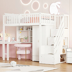 modfu Lit mezzanine 90x200 cm avec armoire et table, en bois, blanc