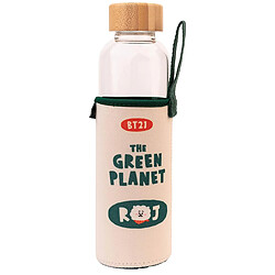 Line Friends BT21 Gourde en Verre 500ml Réutilisable Motif RJ avec Étui Blanc / Vert