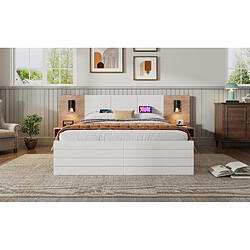 Avis STILVORA Lit 180×200 cm en bois massif/MDF avec tiroirs, lampe de lecture orientable & USB, chêne clair/blanc