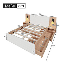 STILVORA Lit 180×200 cm en bois massif/MDF avec tiroirs, lampe de lecture orientable & USB, chêne clair/blanc pas cher