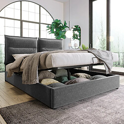 OKWISH Avec Tête de Lit Ajustable et Coffre Hydraulique - Velours - Avec Matelas