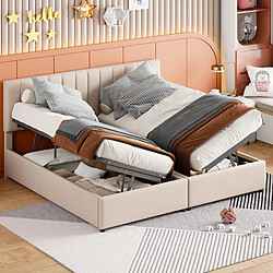 OKWISH Lit Double 180x200 cm - Avec Système Hydraulique et Rangement Intégré - Lin - Sans Matelas