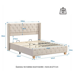 STILVORA Lit rembourré en lin beige 140×190 cm, capitonnage à boutons et rivets, sommier inclus pas cher