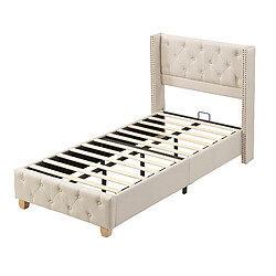 Acheter STILVORA Lit rembourré 90×200 cm en lin beige, tête de lit capitonnée à clous, avec sommier à lattes