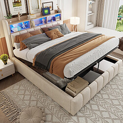 OKWISH Avec LED, USB, et rangement intégré - Matière : Tissu de lin + MDF - Sans Matelas
