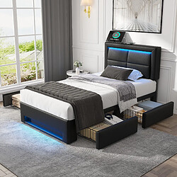 Avis STILVORA Lit rembourré PU noir 90×190 cm avec LED, ports USB et 4 tiroirs