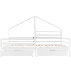 STILVORA Lit d’enfant cabane 90×200 cm avec protection anti-chute, étagère murale et 2 grands tiroirs, blanc