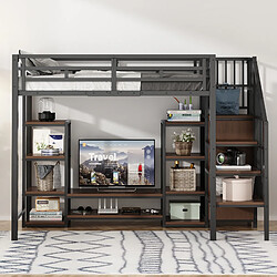 OKWISH Design industriel avec TV, prises et rangement - Matière : Métal + Bois - Sans Matelas