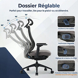 Smartue Chaise de bureau accoudoirs 4D, siège réglable, confort travail intensif - Gris foncé