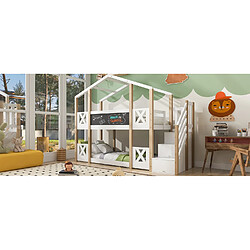 STILVORA Lit d'étage cabane 90×200 cm avec protection anti-chute, escalier rangement et tableau – blanc/naturel