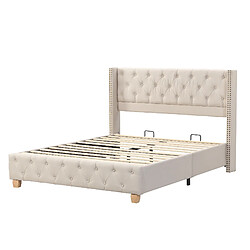 Acheter STILVORA Lit rembourré en lin beige 140×190 cm, capitonnage à boutons et rivets, sommier inclus