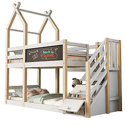 STILVORA Lit d’étage enfant 90×200 cm style cabane, protection anti-chute, échelle-rangement et tableau, blanc