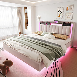 OKWISH Avec tête de lit et USB - Matière : Lin + MDF - Sans Matelas