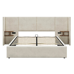 Acheter STILVORA Lit coffre rembourré velours beige 160×200 cm avec USB/prises et 2 chevets