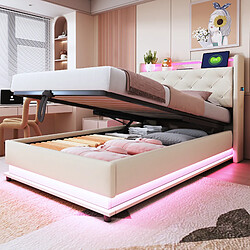 OKWISH Avec éclairage LED, USB et tête de lit avec rangement - Matière : Lin + MDF - Sans Matelas