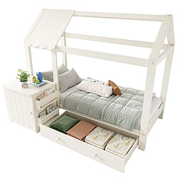 STILVORA Lit cabane enfant 90×200 cm blanc avec tiroir et table de chevet amovible, coins arrondis