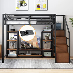 OKWISH Design industriel avec TV, prises et rangement intégré - Matière : Métal + Bois - Sans Matelas