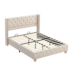 Acheter STILVORA Lit rembourré en lin beige 160×200 cm avec tête de lit capitonnée et pieds bois, sommier inclus