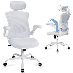 Smartue Chaises de bureau - Chaise de bureau ergonomique – Dossier haut en mesh, soutien lombaire et appuie-tête réglables, accoudoirs relevables – blanc