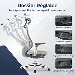 Smartue Chaise bureau accoudoirs 4D, maille respirante, pieds métal, siège réglable - Gris clair