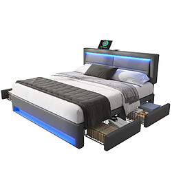 STILVORA Lit rembourré 140×200 cm en PU gris, LED 12 couleurs, ports USB et 4 tiroirs