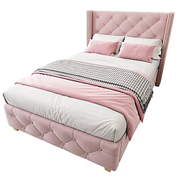 STILVORA Lit rembourré en velours rose 90×200 cm avec tête de lit capitonnée et sommier à lattes