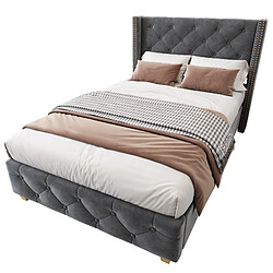STILVORA Lit rembourré en velours gris 90×200 cm avec tête de lit capitonnée