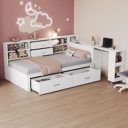 OKWISH Multifonction bois blanc avec grand espace de rangement, bureau escamotable et prises USB - Matière : Bois + MDF - Sans Matelas