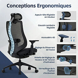 Acheter Smartue Chaise de bureau avec accoudoirs 4D et siège réglable avant-arrière, confort optimal pour travail intensif - Noir