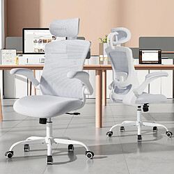 Smartue Chaises de bureau - Chaise de bureau ergonomique – Dossier haut en mesh, soutien lombaire et appuie-tête réglables, accoudoirs relevables – blanc
