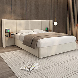 Avis STILVORA Lit coffre rembourré velours beige 160×200 cm avec USB/prises et 2 chevets