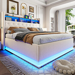 Avis STILVORA Lit capitonné en tissu avec LED et port USB 180x200 cm, Beige