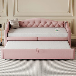 modfu Lit gigogne 90x200 cm avec port USB, en lin, rose