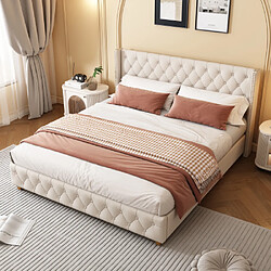 modfu Lit adulte 180x200 cm avec tête de lit, en lin, beige