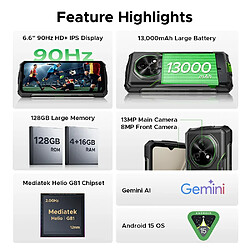 DOOGEE Fire 5 Pro Smartphone robuste 6,6 pouces, batterie haute capacité 13 000 mAh, 20 Go + 128 Go, écran HD+ 6,6 pouces, NFC, Android 15, gris