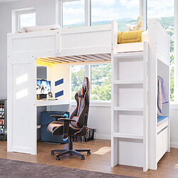 modfu Lit mezzanine 90x200 cm avec bureau, LED et tiroir, en pin, blanc