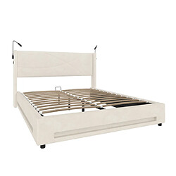 modfu Lit coffre 140x200 cm avec 2 lampes, LED et USB, en velours, beige pas cher