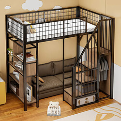 modfu Lit mezzanine 90x200 cm avec escalier, en métal, noir