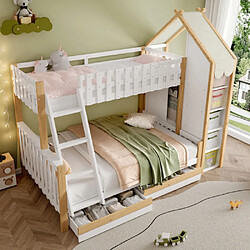 modfu Lit superposé 140x200 cm avec 2 tiroirs, en pin, blanc