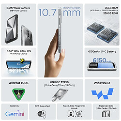 DOOGEE Blade10 Ultra Energy Smartphone robuste 8 Go + 256 Go Gemini AI 10,7 mm Ultra-fin Batterie 6150 mAh NFC, NATUREL
