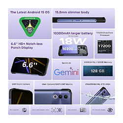 DOOGEE Blade20 Smartphone robuste 4 Go + 128 Go Gemini AI Batterie 10300 mAh Écran HD+ 6,6 pouces NFC, noir