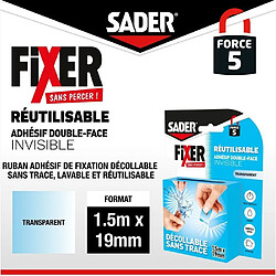 Sader Ruban adhésif double-face réutilisable transparent 1,5 m x 19 mm - réf. 66610004