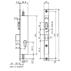 Metalux F138404000 Serrure 3 points à encastrer têtière inox 265x25x2,5 mm