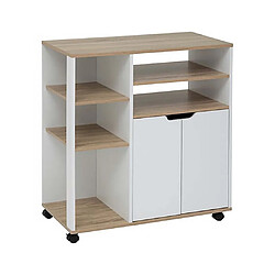 Pegane Desserte de cuisine avec roulettes, étagères et placard à 2 portes, coloris chêne/blanc - Longueur 76 x Profondeur 39,5 x Hauteur 85 cm