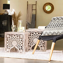 Acheter Pegane Lot de 2 tables café carrées en bois à motifs floraux sculptés, coloris beige - Longueur 45 x Profondeur 45 x Hauteur 46,5 cm