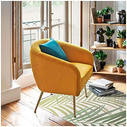 Pegane Fauteuil en velours coloris ocre plissé et pieds en métal doré - Longueur 74 x Profondeur 70 x Hauteur 78 cm