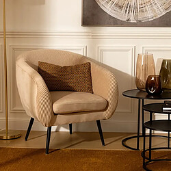 Pegane Fauteuil en velours coloris beige plissé et pieds en métal noir - Longueur 74 x Profondeur 70 x Hauteur 78 cm